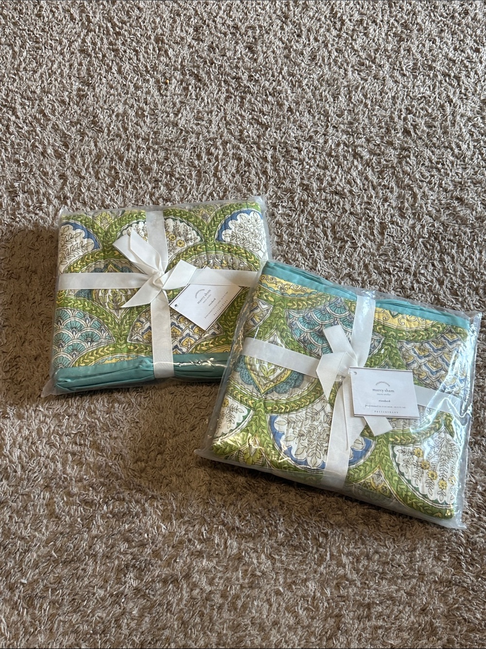 Set of 2 Pottery Barn Marcy Quilted Shams Standard Aqua Blue Green Scallop